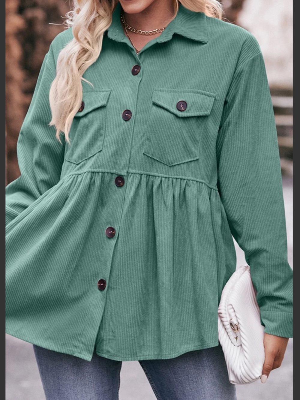 Lily Green Button-Front Corduroy Peplum Jacket